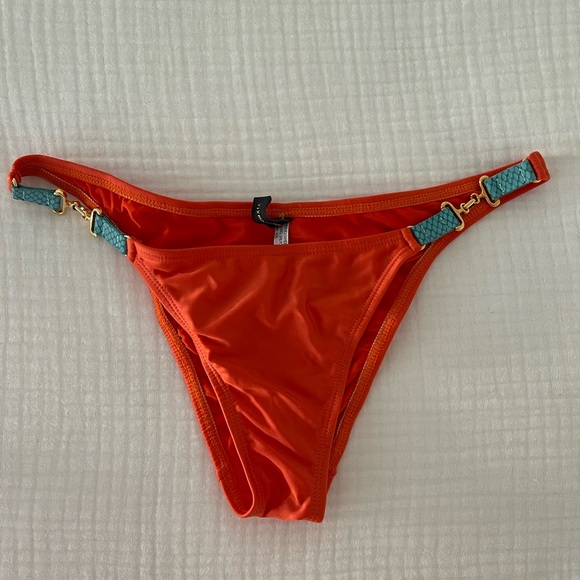 Vix Swim Orange Brazilian Cut Bikini Bottom w/gold hardware & turquoise, Size M - Picture 1 of 4